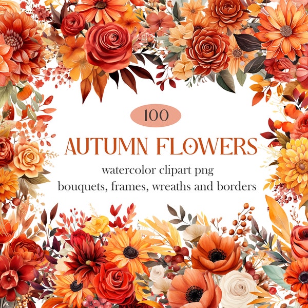 Autumn Flower PNG Clipart Bundle, Fall Flower PNG, Watercolor Fall Floral Wreath Bouquet, Digital Download