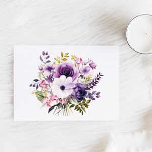 May include: A watercolour floral print showing a bouquet of purple, lavender, and pink flowers with green leaves. The flowers are on a white background. A white candle is to the right of the print.