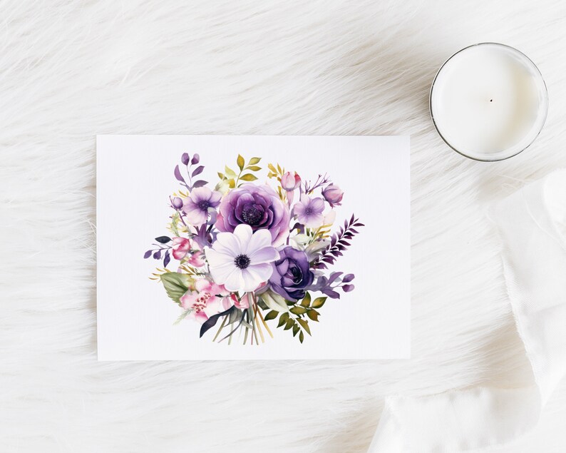 May include: A watercolour floral print showing a bouquet of purple, lavender, and pink flowers with green leaves. The flowers are on a white background. A white candle is to the right of the print.