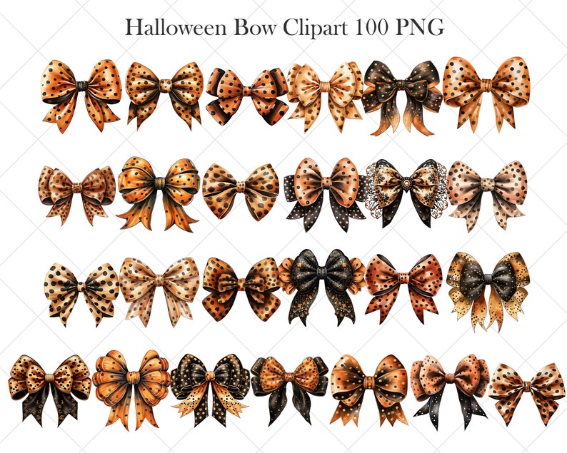 Pode incluir: Conjunto de 100 la&ccedil;os tem&aacute;ticos de Halloween em laranja e preto com um padr&atilde;o de bolinhas. Os la&ccedil;os s&atilde;o ilustra&ccedil;&otilde;es em aquarela e s&atilde;o perfeitos para adicionar um toque festivo &agrave;s suas manualidades e projetos.