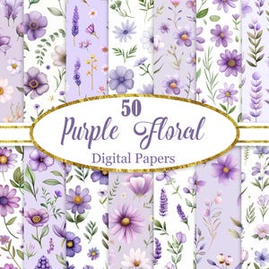 Könnte beinhalten: Eine Sammlung von 50 digitalen Papieren mit lila floralen Designs. Die Papiere zeigen verschiedene Aquarellblumen, darunter Gänseblümchen und Lavendel, in Lila-, Weiß- und Grüntönen. Der Text auf dem Bild lautet "50 Purple Floral Digital Papers."