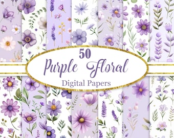 Purple Flower Digital Paper, Watercolor Purple Floral Background, Spring Flower, Scrapbook Paper, Digital Download