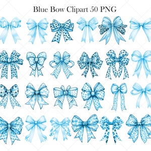 May include: Set of 50 blue watercolor bow clipart images. The bows are in various styles, including solid blue, blue with white polka dots, and blue with a leopard print.