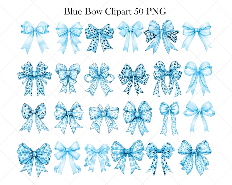 May include: Set of 50 blue watercolor bow clipart images. The bows are in various styles, including solid blue, blue with white polka dots, and blue with a leopard print.