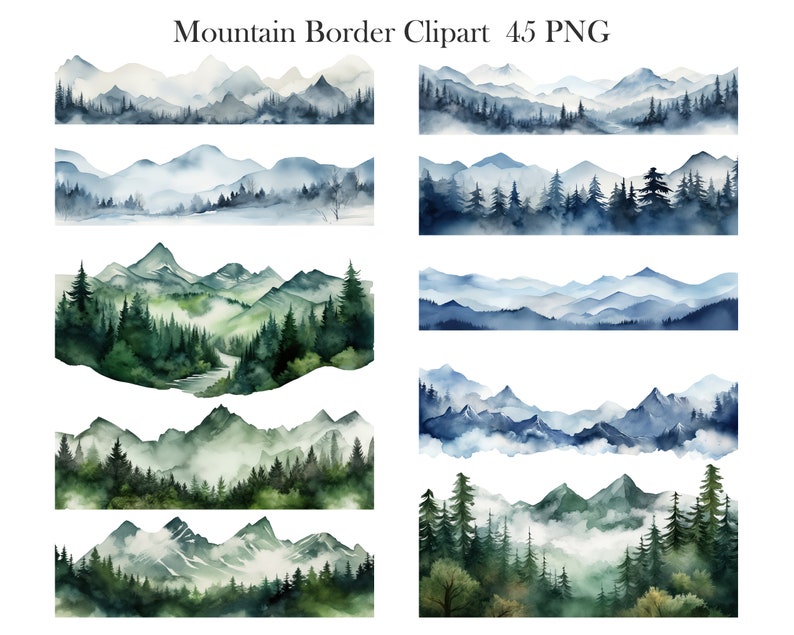 Mountain Clipart, Mountain Border, Mountain PNG, Watercolor Mountain ...
