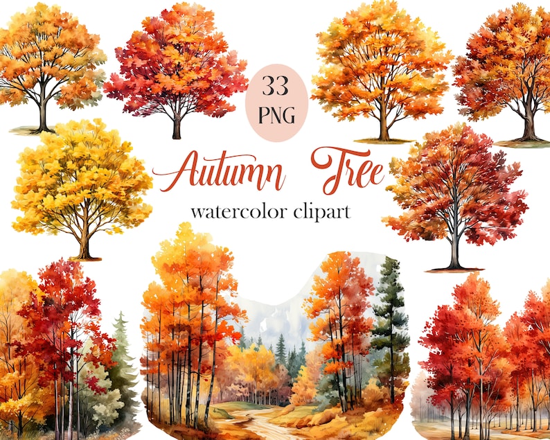 May include: 33 watercolor clipart images of autumn trees in various shades of red, orange, yellow, and brown. The trees are isolated on a white background.