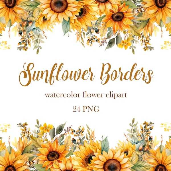 Sunflower Borders Clipart, Watercolor Sunflower Frame Clipart, Flower Border PNG, Digital Download, Summer Floral