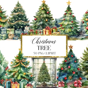 Árvore de Natal Clipart, Árvore de Natal Aquarela PNG, Sublimação, Decoração de Natal, Download Digital