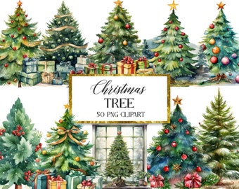 Christmas Tree Clipart, Watercolor Christmas Tree PNG, Sublimation, Christmas Decor, Digital Download