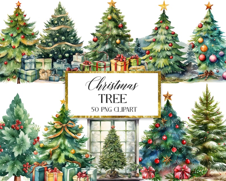 May include: A set of 50 watercolor illustrations of Christmas trees with red and gold ornaments, snow, and presents. The illustrations are perfect for creating holiday cards, invitations, and other festive designs.