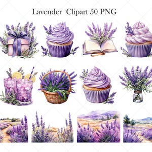 May include: A set of 50 watercolor clipart images featuring lavender flowers, cupcakes, lemonade, and a book. The images are perfect for creating invitations, cards, and other crafts.