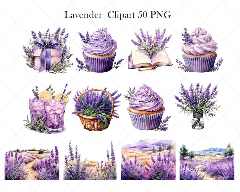 May include: A set of 50 watercolor clipart images featuring lavender flowers, cupcakes, lemonade, and a book. The images are perfect for creating invitations, cards, and other crafts.