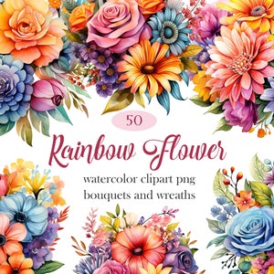 Regenbogen Blume PNG, Aquarell Blumen Clipart Bundle, bunter Blumenstrauß, Kranz, Sommerblumen, Frühling, Sublimation, digitaler Download