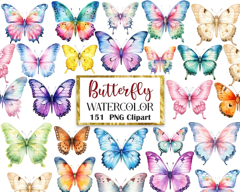 May include: A set of 151 watercolor butterfly illustrations in various colors and patterns. The butterflies are arranged in a grid pattern on a white background. The text "Butterfly Watercolor 151 PNG Clipart" is displayed in a gold frame.