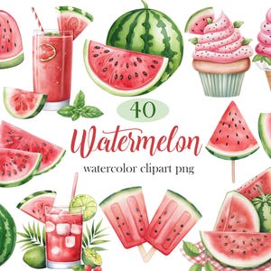 Pode incluir: Clipart em aquarela com várias ilustrações de melancia. Inclui melancias inteiras, fatias, picolés, um cupcake e um cone de sorvete. Uma bebida refrescante com gelo e canudo também é mostrada. O texto "Watermelon" é exibido em vermelho.