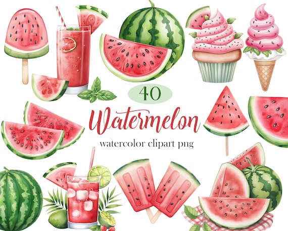 Watermelon Clipart, Watercolor Watermelon PNG, Fruit Sublimation, Summer, Digital Download