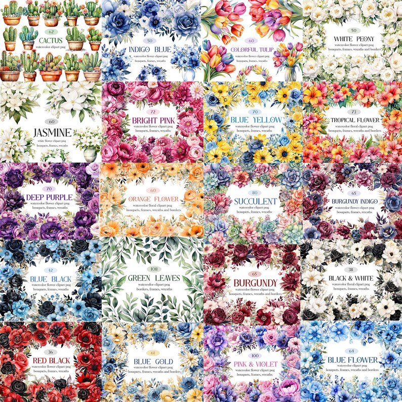 Blomma Clipart Bundle, Akvarell Blommig Clipart, Blomma PNG Bundle, Sublimering, Blombukett, Krans, Digital Nedladdning bild 5
