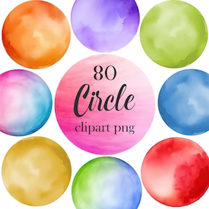 May include: 80 watercolour circle clipart png. A set of 80 watercolour circles in various colours, including pink, blue, green, yellow, and orange. The circles are perfect for adding a touch of colour and whimsy to your designs.