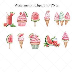 May include: Watercolor illustrations of watermelon-themed treats and drinks. The image includes a watermelon popsicle, cupcakes, ice cream cones, and a glass of watermelon juice with a straw. The text "Watermelon Clipart 40 PNG" is at the top.