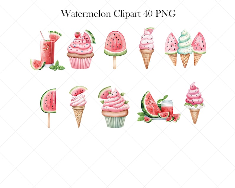 May include: Watercolor illustrations of watermelon-themed treats and drinks. The image includes a watermelon popsicle, cupcakes, ice cream cones, and a glass of watermelon juice with a straw. The text "Watermelon Clipart 40 PNG" is at the top.