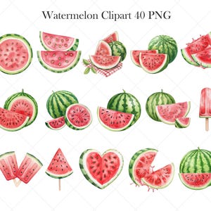 May include: Watercolor illustrations of watermelons, including whole, sliced, and popsicle forms. The watermelons have green rinds and vibrant red flesh with black seeds. The text "Watermelon Clipart 40 PNG" is at the top.
