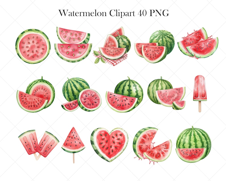 May include: Watercolor illustrations of watermelons, including whole, sliced, and popsicle forms. The watermelons have green rinds and vibrant red flesh with black seeds. The text "Watermelon Clipart 40 PNG" is at the top.