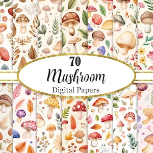 May include: A digital paper pack with 70 different designs featuring watercolor illustrations of mushrooms, leaves, and other autumnal elements. The designs are on a white background and are perfect for crafting projects, scrapbooking, and digital design.