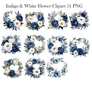 May include: Set of 10 indigo and white floral wreaths. The wreaths are made of watercolour painted flowers and leaves. The wreaths are perfect for adding a touch of elegance to any project.