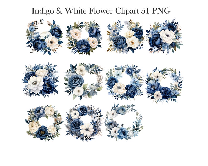 May include: Set of 10 indigo and white floral wreaths. The wreaths are made of watercolour painted flowers and leaves. The wreaths are perfect for adding a touch of elegance to any project.