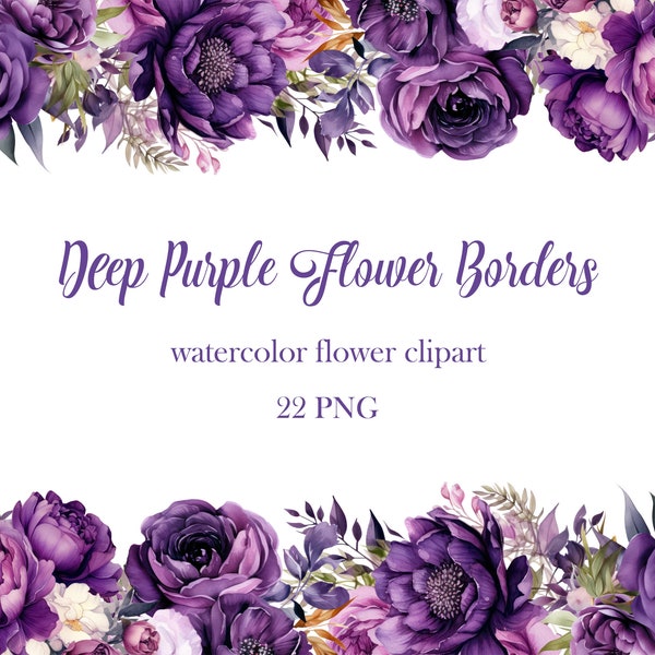 Purple Flower Border Clipart, Watercolor Flower Border PNG Bundle, Wedding Floral, Purple Flower PNG, Floral Frame, Digital Download