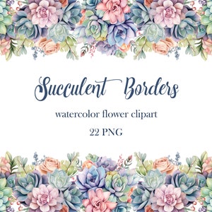 May include: Watercolor clipart of succulent borders with pink, green, and blue flowers. The text "Succulent Borders" and "watercolor flower clipart" is written in blue text. The text "22 PNG" is written in black text.
