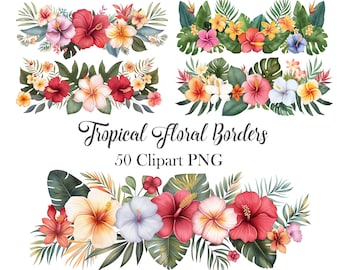 Tropisk blomma PNG, akvarell blomgräns Clipart, sommarblommor, digital nedladdning