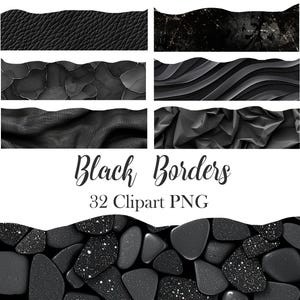 May include: A set of 32 black border images in PNG format. The borders feature different textures, including leather, stone, and fabric.