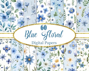 Blue Flower Digital Paper, Watercolor Blue Floral Background, Spring Flower, Scrapbook Paper, Digital Download