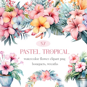 Pastell tropische Blumen Clipart, Sommer Blume PNG, Aquarell Blumen Clipart Bundle, Hibiskus Bouquet Kranz, Blumen Sublimation, Frühling PNG