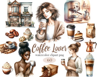 Coffee Clipart, Watercolor Coffee Lover Clipart, Coffee PNG, Sublimation, Coffee Drinks, Barista, Digital Download