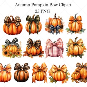 May include: A set of 25 digital clipart images featuring watercolor illustrations of pumpkins with various bows. The pumpkins are orange and brown with green stems. The bows are in various colors and patterns, including plaid, gingham, and solid colors. The images are perfect for fall crafts, scrapbooking, and digital design projects.