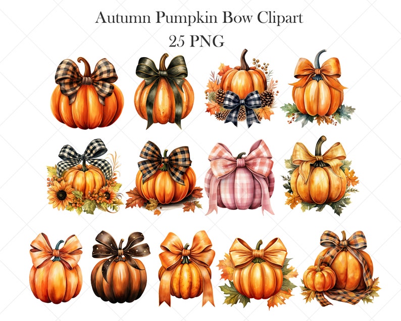 May include: A set of 25 digital clipart images featuring watercolor illustrations of pumpkins with various bows. The pumpkins are orange and brown with green stems. The bows are in various colors and patterns, including plaid, gingham, and solid colors. The images are perfect for fall crafts, scrapbooking, and digital design projects.