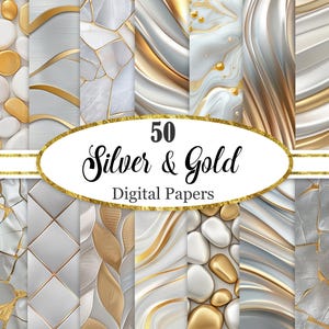 Op de afbeelding: Een verzameling van 50 digitale papieren met zilveren en gouden ontwerpen. De afbeelding toont diverse patronen, waaronder abstracte wervelingen, geometrische vormen en texturen, met een mix van metallic zilver, goud en wit. De tekst "50 Silver & Gold Digital Papers" is zichtbaar.