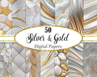 Silver Gold Digital Paper, Silver Background, Texture, Scrapbook Paper, Digital Download