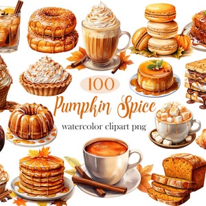Puede incluir: 100 imágenes de clipart de acuarela con temática de especias de calabaza y alimentos y bebidas. Las imágenes incluyen donas, cupcakes, café, pasteles y más.