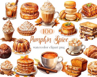 May include: 100 watercolor clipart images of pumpkin spice themed food and drinks.  The images include donuts, cupcakes, coffee, pastries, and more.