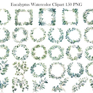 May include: A set of 30 watercolor eucalyptus wreaths and branches in shades of green. The wreaths are perfect for adding a touch of nature to your designs.