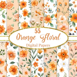 Op de afbeelding: Een verzameling van 55 digitale papieren met oranje bloemmotieven. De papieren tonen verschillende aquarel bloempatronen, waaronder rozen en madeliefjes, tegen een perzikachtergrond. De tekst "55 Orange Floral Digital Papers" wordt weergegeven in een gouden ovaal.