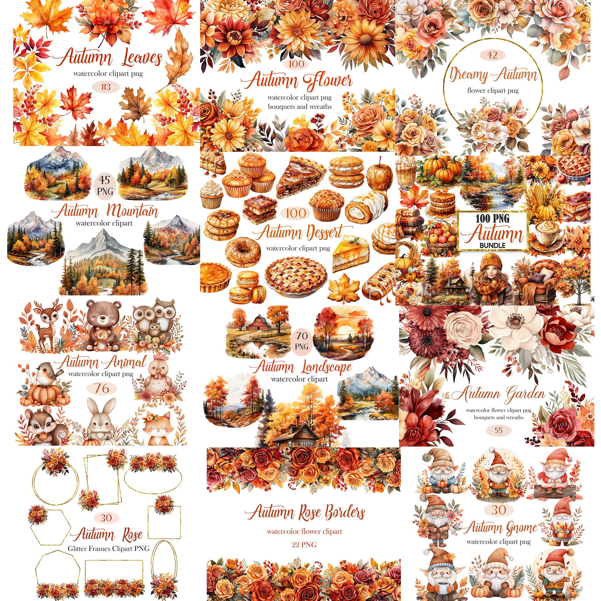 Autumn Clipart Bundle, Watercolor Fall PNG, Autumn Flower, Fall ...