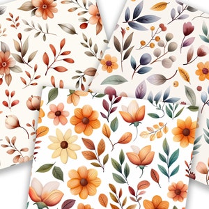 May include: A seamless pattern featuring a variety of floral and leaf designs in shades of orange, yellow, brown, and green. The pattern is perfect for use in crafting, scrapbooking, and other creative projects.