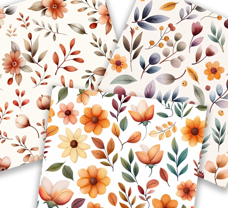 May include: A seamless pattern featuring a variety of floral and leaf designs in shades of orange, yellow, brown, and green. The pattern is perfect for use in crafting, scrapbooking, and other creative projects.