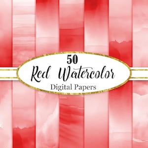 Könnte beinhalten: Ein digitales Kunstbild mit 50 roten Aquarell-Digitalpapieren. Die Papiere haben verschiedene Rottöne, mit einem goldumrandeten Oval in der Mitte mit der Aufschrift "50 Red Watercolor Digital Papers."