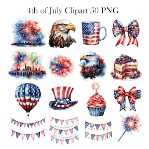 May include: A set of 4th of July clipart images in watercolor style. The images include fireworks, a bald eagle, a mug with an American flag design, a bow with red, white, and blue stripes, a cityscape with fireworks, a hot air balloon with an American flag design, a top hat with an American flag design, a cupcake with red frosting and a blue base, a bow with red, white, and blue stripes, a string of flags with red, white, and blue colors, and a sparkler with red, white, and blue fireworks.