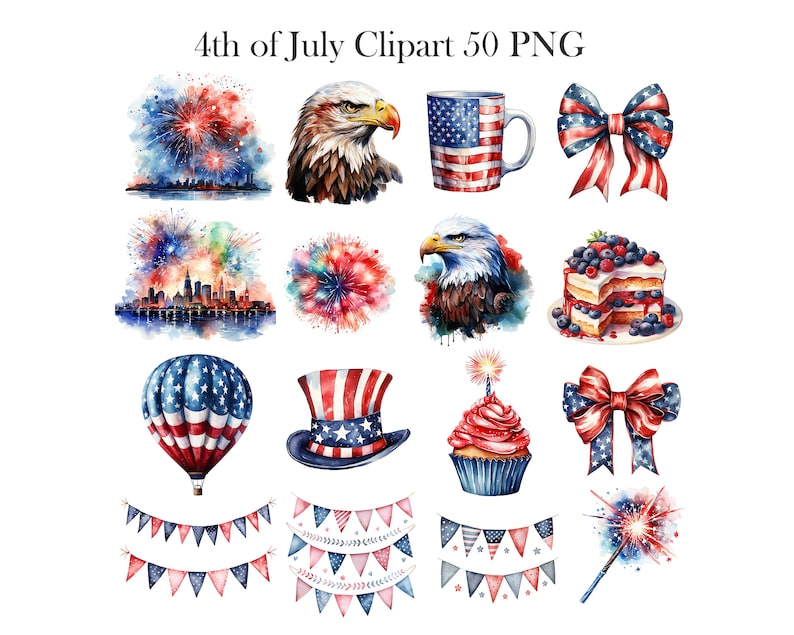 May include: A set of 4th of July clipart images in watercolor style. The images include fireworks, a bald eagle, a mug with an American flag design, a bow with red, white, and blue stripes, a cityscape with fireworks, a hot air balloon with an American flag design, a top hat with an American flag design, a cupcake with red frosting and a blue base, a bow with red, white, and blue stripes, a string of flags with red, white, and blue colors, and a sparkler with red, white, and blue fireworks.